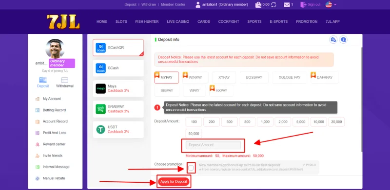 Enter the amount of money want deposit